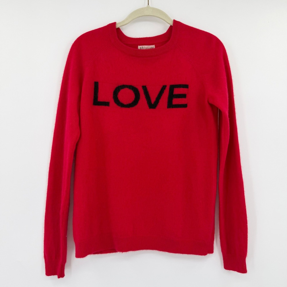 100% Cashmere Red LOVE Graphic Crewneck Sweater Womens Medium